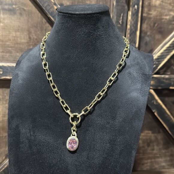 Elegant 14K Gold Plated Chain Necklace with Pink Pendant  And Zirconia - Picture 4 of 7